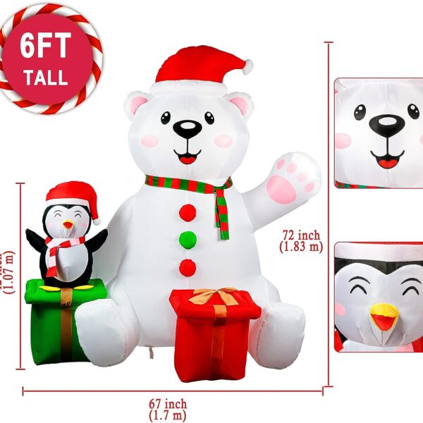 inflable de navidad de oso polar con pinguino y cajas de regalos de color rojo y verde