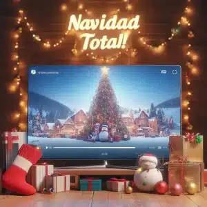 Una habitación con cosas navideñas donde una televisión moderna muestra un video de un árbol de Navidad y Santa Claus. En la pared hay un cartel que dice: Navidad Total.