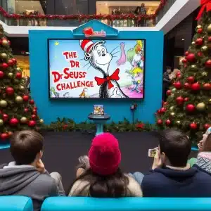 A group of people watching the Dr. Seuss challenge, with a Christmas decoration in the background