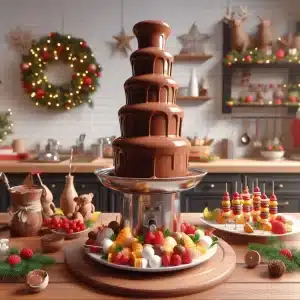 arte digital de una fuente de chocolate con un plato de brochetas de frutas a un lado y de fondo una cocina con adornos navideños