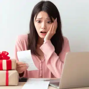 Una mujer de rasgos orientales, con un suéter rosa y cabello castaño oscuro, se lleva la mano izquierda a la cara, preocupada al ver el contenido de un ticket de compra. A su lado, una caja de regalo color café claro con un moño rojo y una laptop.