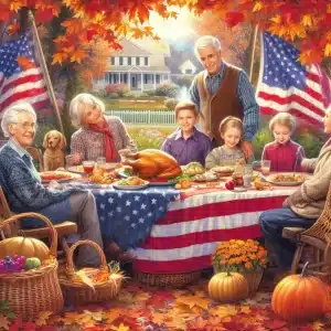 una familia celebrando el dia de acción de gracias, en el jardin,con un pavo al centro y canastas con calabazas en el suelo y de fondo una casa blanca y unos arboles con hojas rojizas y un par de banderas estadounidenses.