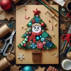 manualidad de un arbol de navidad con un muñeco de nieve al centro y formas circulares de colores y alrededor esferas, tijeras, estambre y agujas.