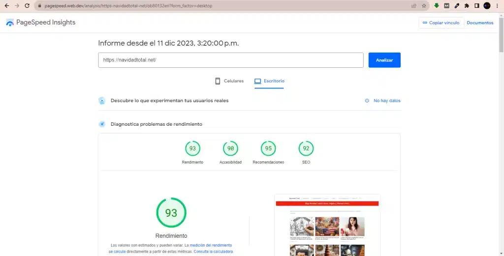 captura de pantalla del analisis de la pagina de navidadtotal.net en PageSpeed Insight, con los porcentajes de 93 en rendimiento, 90 en accesibilidad, 95 en recomendaciones y 92 en seo.
