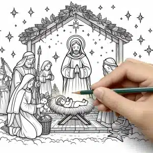 una mano con un lapiz verde dibujando una imagen de la natividad de Jesus en blanco y negro.