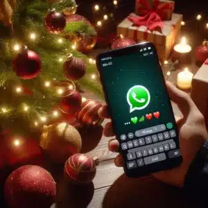 arbol de navidad con esferas rojas y luces doradas y una mano sosteniendo un celular con el logotipo de WhatsApp.
