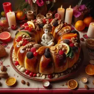 rosca de reyes con frutos rojos encima, alrededor velas, naranjas, toronjas, nuez. flores y en medio de la rosca el niño Dios con corona.