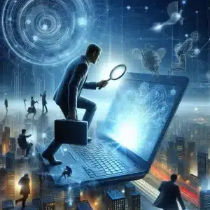 Arte de un hombre con un portafolio, lupa en mano, examinando minuciosamente una laptop gigante. El entorno que lo rodea es digital y azulado, con rascacielos y algunas personas alrederor.