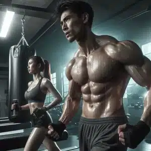 imagen generada por inteligencia artificial de un hombre y una mujer entrenando en un gimnasio sudorosos y con un costal de box a un lado.